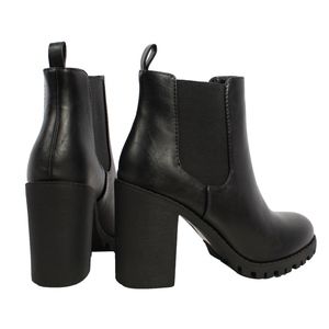 Black Chelsea Pull on Tab Lug Block Ankle Boot - vegan leather.